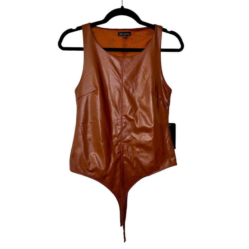 Shinestar Women’s Brown Faux Leather Like Thong Sleeveless Bodysuit Small